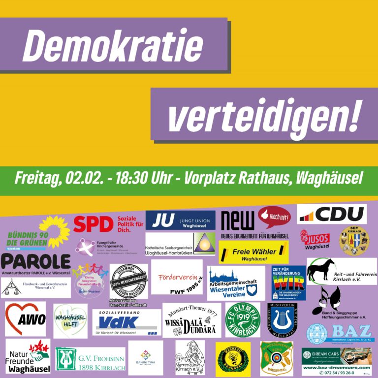 „Demokratie verteidigen“ – Aufruf zur Demonstration und Menschenkette am Fr, 02.02.2024 in Waghäusel